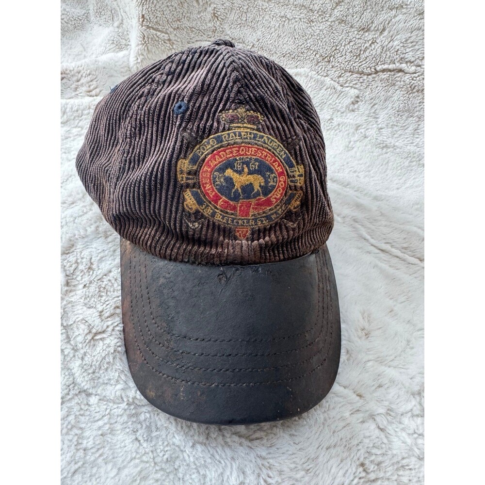 Vintage 90’s RARE Polo Ralph Lauren Brown Corduroy Sportsman Hat Leather Bill